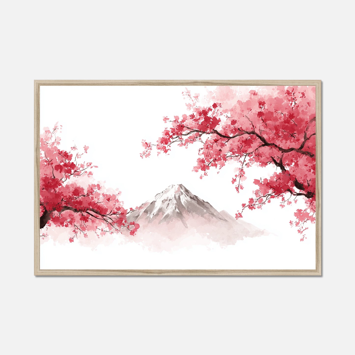 Natural oak framed artwork of cherry blossoms and a Mt Fuji on a white background