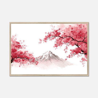 Natural oak framed artwork of cherry blossoms and a Mt Fuji on a white background