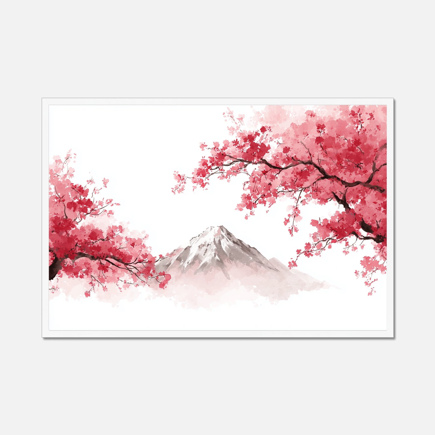 White framed artwork of cherry blossoms and a Mt Fuji on a white background