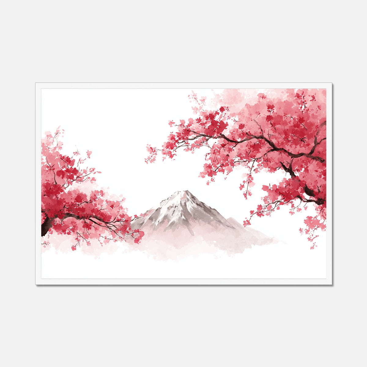 White framed artwork of cherry blossoms and a Mt Fuji on a white background