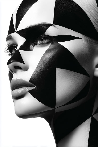 A close-up portrait of a woman's face with dramatic black and white geometric face paint and makeup, shown against a plain white background.