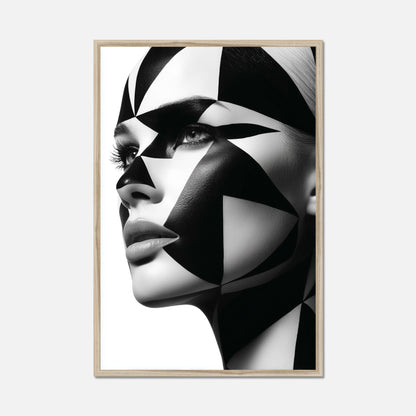 Natural oak framed close-up portrait of a woman's face with dramatic black and white geometric face paint and makeup, shown against a plain white background.