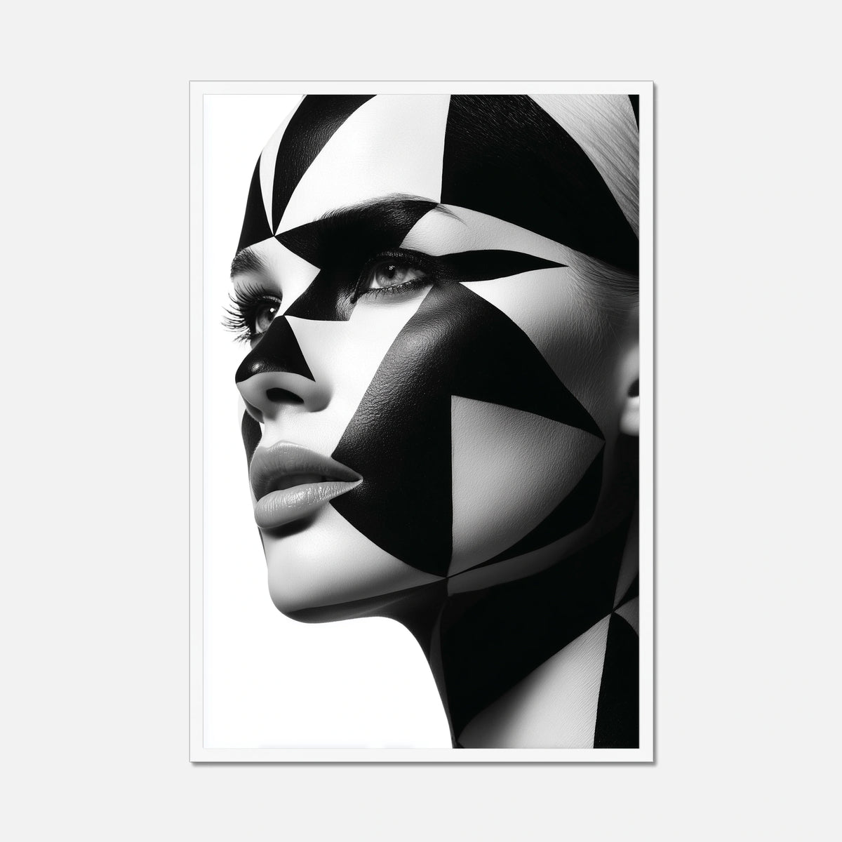 White framed close-up portrait of a woman's face with dramatic black and white geometric face paint and makeup, shown against a plain white background.
