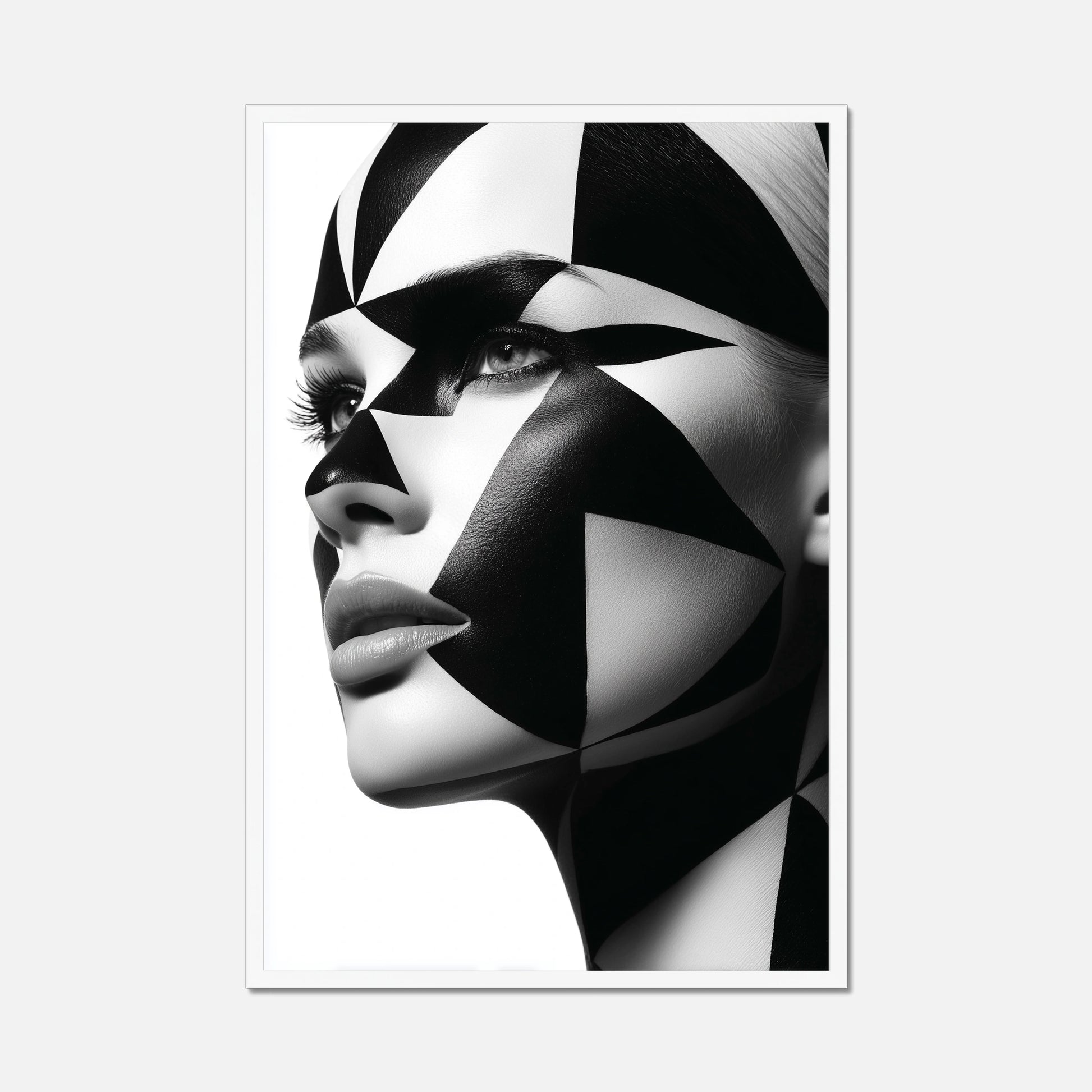 White framed close-up portrait of a woman's face with dramatic black and white geometric face paint and makeup, shown against a plain white background.
