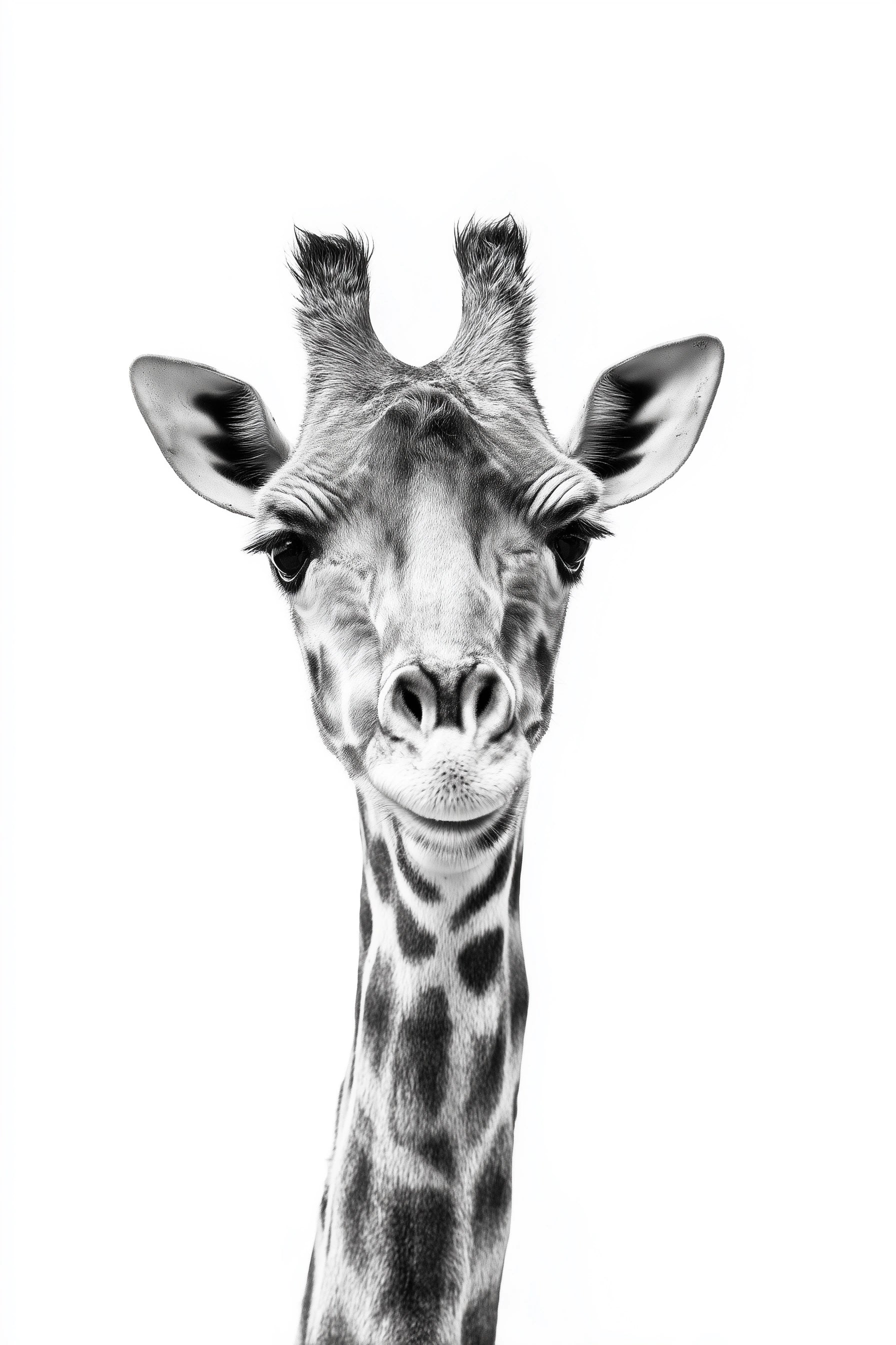 Black and white close-up portrait of a giraffe's head and neck against a plain white background.