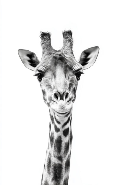 Black and white close-up portrait of a giraffe's head and neck against a plain white background.