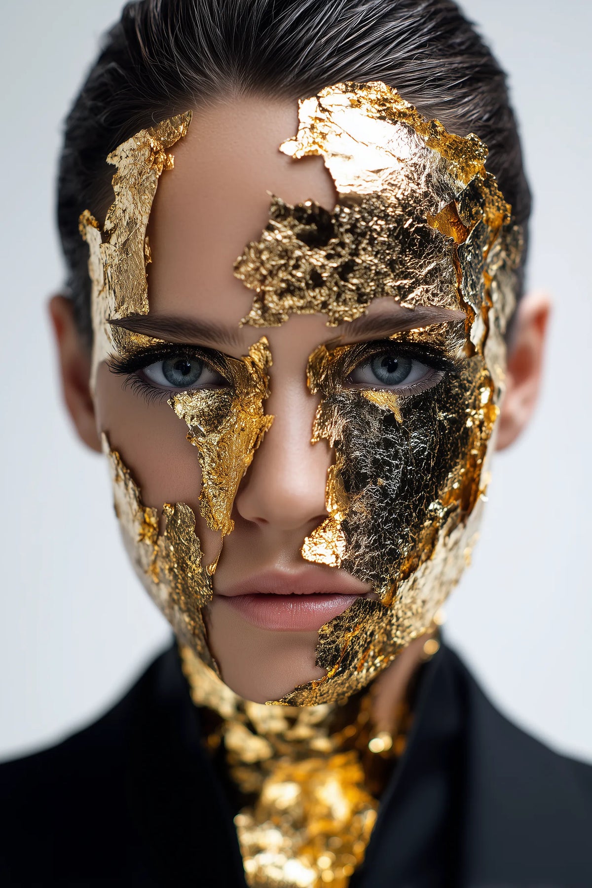 Women with gold flake make up staring into the camera