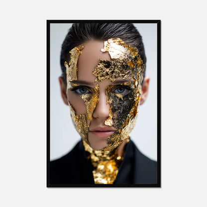 Black framed art of a female model wearing gold flake, big blue eyes and the best stare