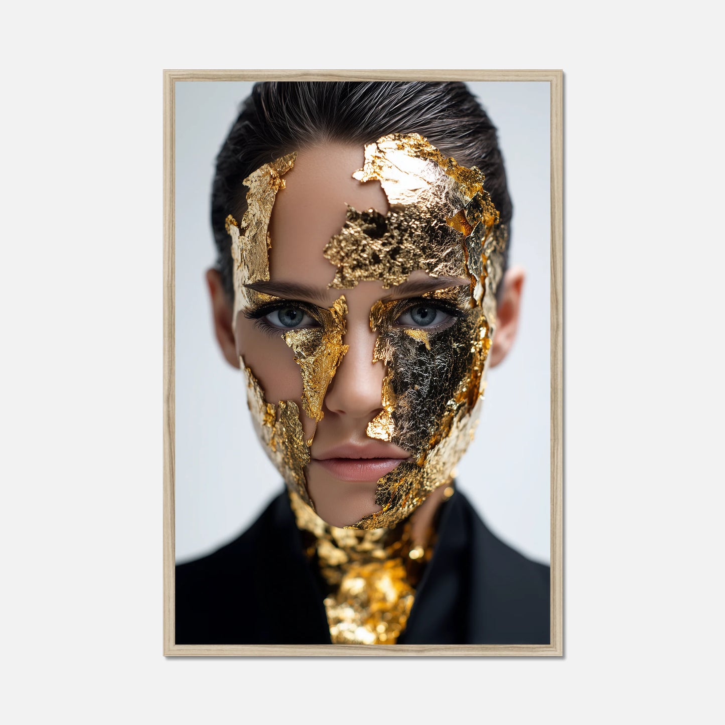 Natural oak framed art of a female model wearing gold flake, big blue eyes and the best stare
