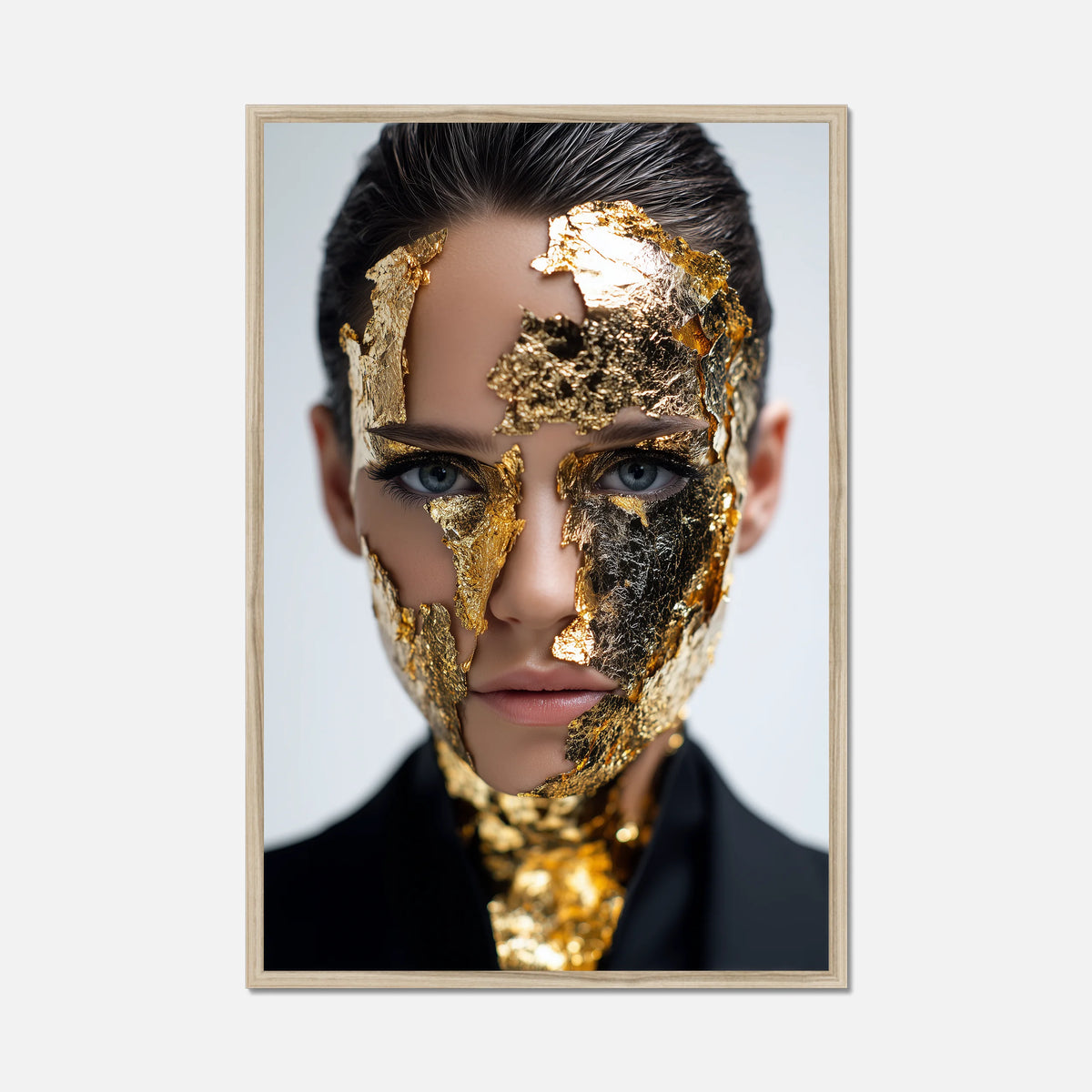 Natural oak framed art of a female model wearing gold flake, big blue eyes and the best stare