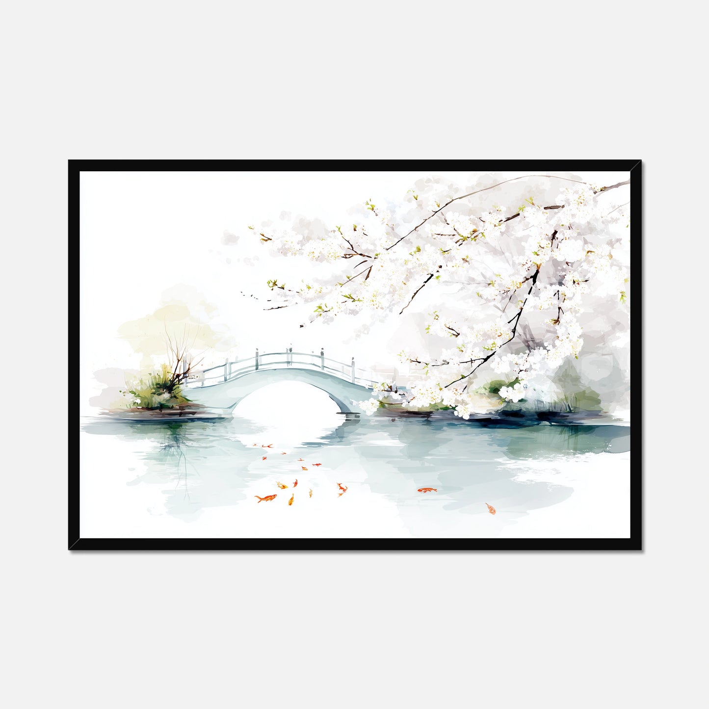 Black framed artwork of a bridge and cherry blossoms over water on a white background