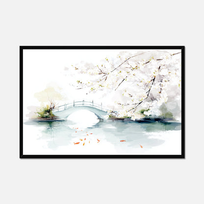 Black framed artwork of a bridge and cherry blossoms over water on a white background