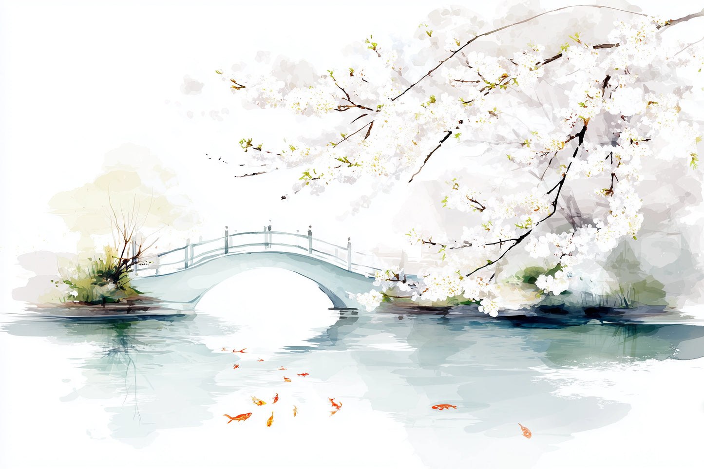 Watercolor-style artwork of a small arched bridge over calm water, with white flowering branches overhead and a few orange fish near the surface.