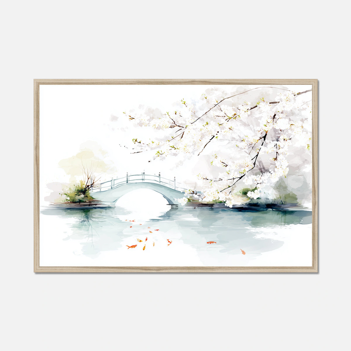Natural oak framed artwork of a bridge and cherry blossoms over water on a white background