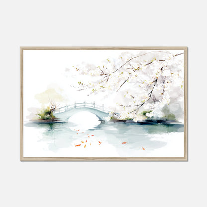 Natural oak framed artwork of a bridge and cherry blossoms over water on a white background