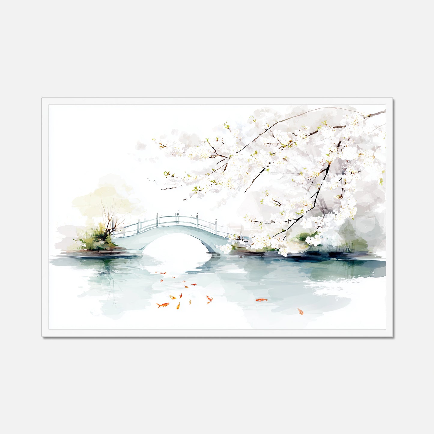 White framed artwork of a bridge and cherry blossoms over water on a white background