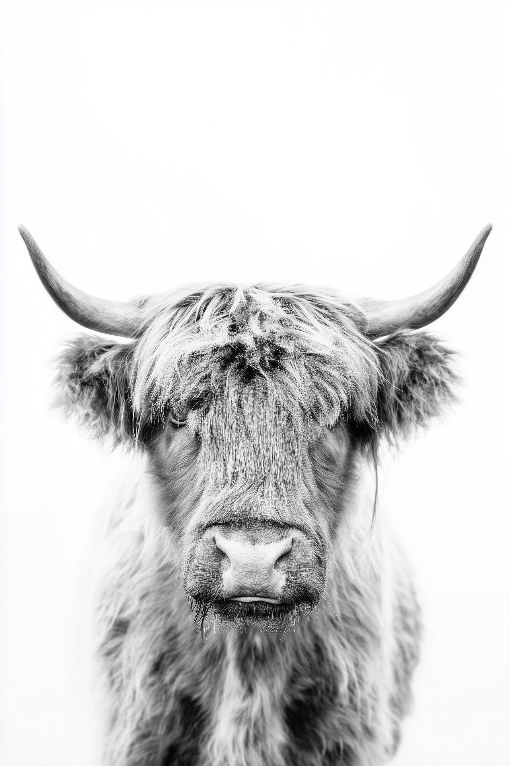 Black and white portrait of a Highland cow with long horns and shaggy fur against a plain white background.