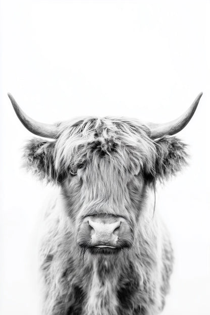 Black and white portrait of a Highland cow with long horns and shaggy fur against a plain white background.
