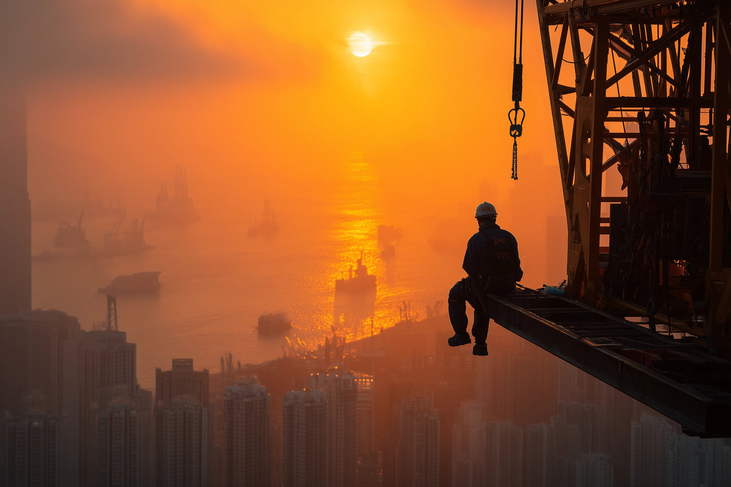 High shot looking over hong kong on a early morning sunrise. A tradesperson sits on the edge of a crane, legs danglingover the edge.