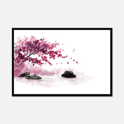 Japandi style black framed artwork of a cherry blossom tree with pink flowers and three rocks in water on a white background.
