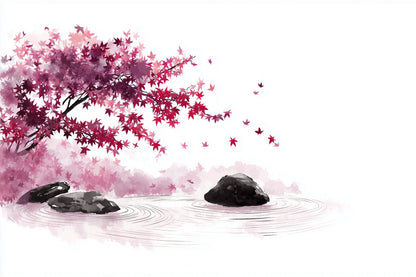 Japandi watercolor-style artwork of pink and red maple leaves hanging over a calm pond with dark rocks and ripples on white water, with a few leaves floating in the air.