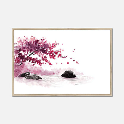 Japandi style natural oak framed artwork of a cherry blossom tree with pink flowers and three rocks in water on a white background.
