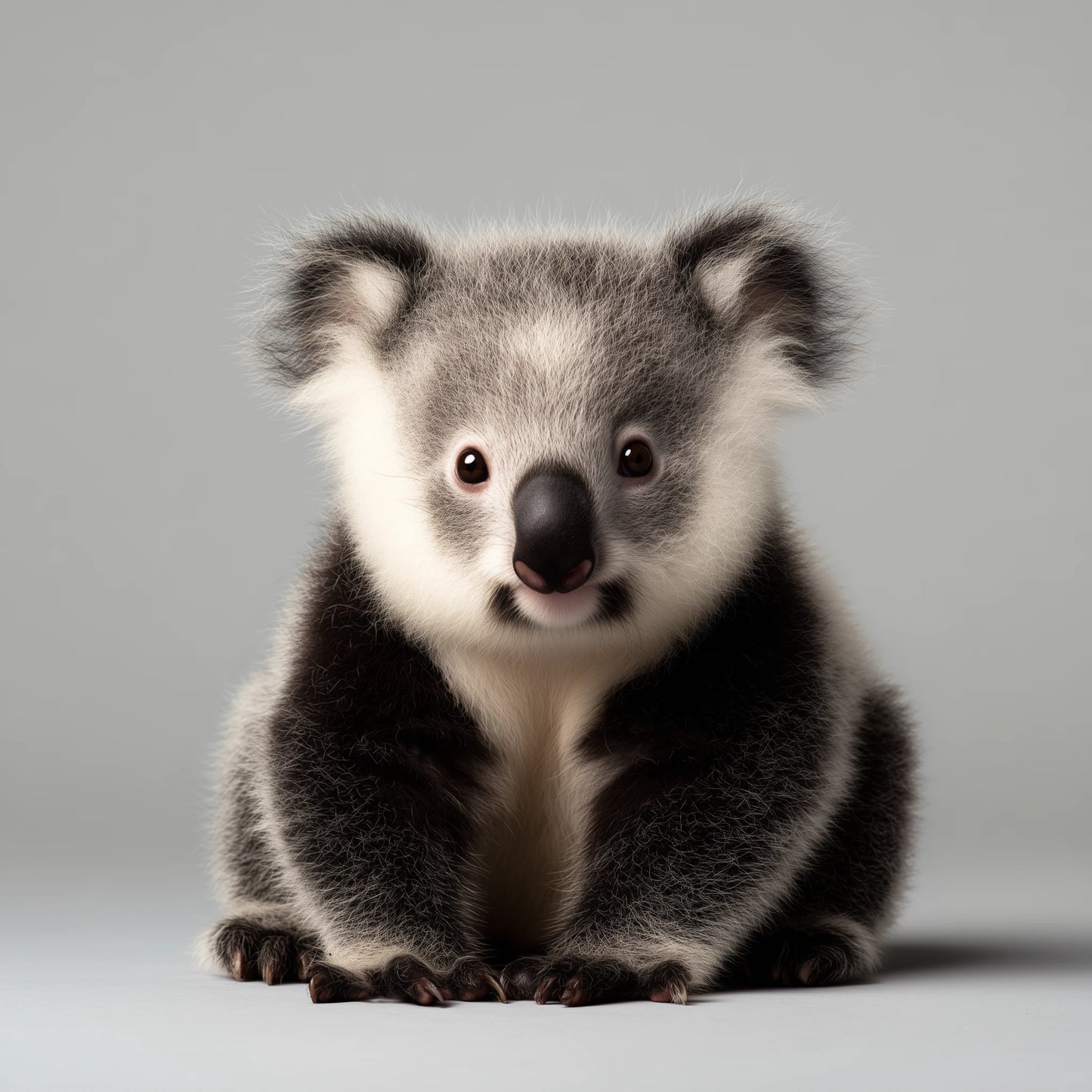 A cute, fluffy koala sitting upright against a solid light gray background.
