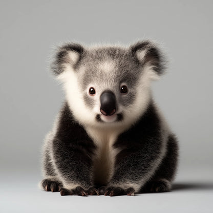 A cute, fluffy koala sitting upright against a solid light gray background.