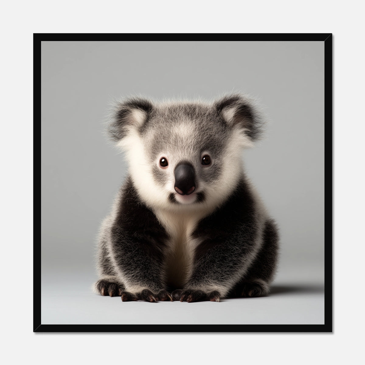 A black framed square art print featuring a close-up portrait of a koala sitting against a light gray background, enclosed in a thin black frame.