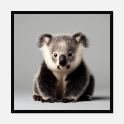 A black framed square art print featuring a close-up portrait of a koala sitting against a light gray background, enclosed in a thin black frame.