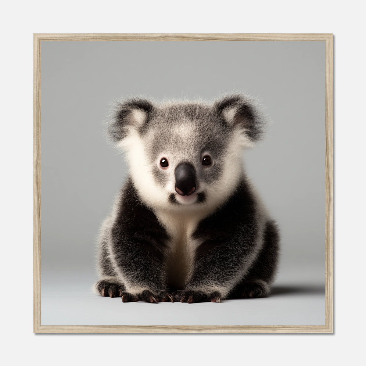 A natural oak framed square art print featuring a close-up portrait of a koala sitting against a light gray background, enclosed in a thin black frame.