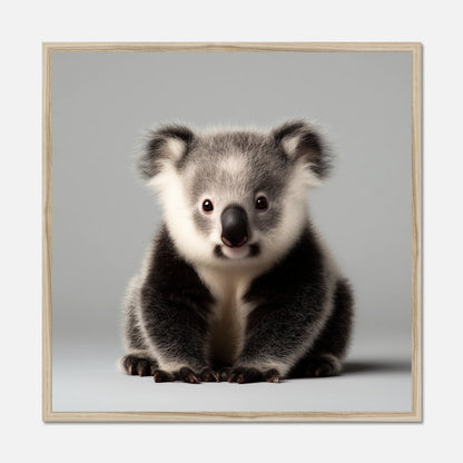A natural oak framed square art print featuring a close-up portrait of a koala sitting against a light gray background, enclosed in a thin black frame.