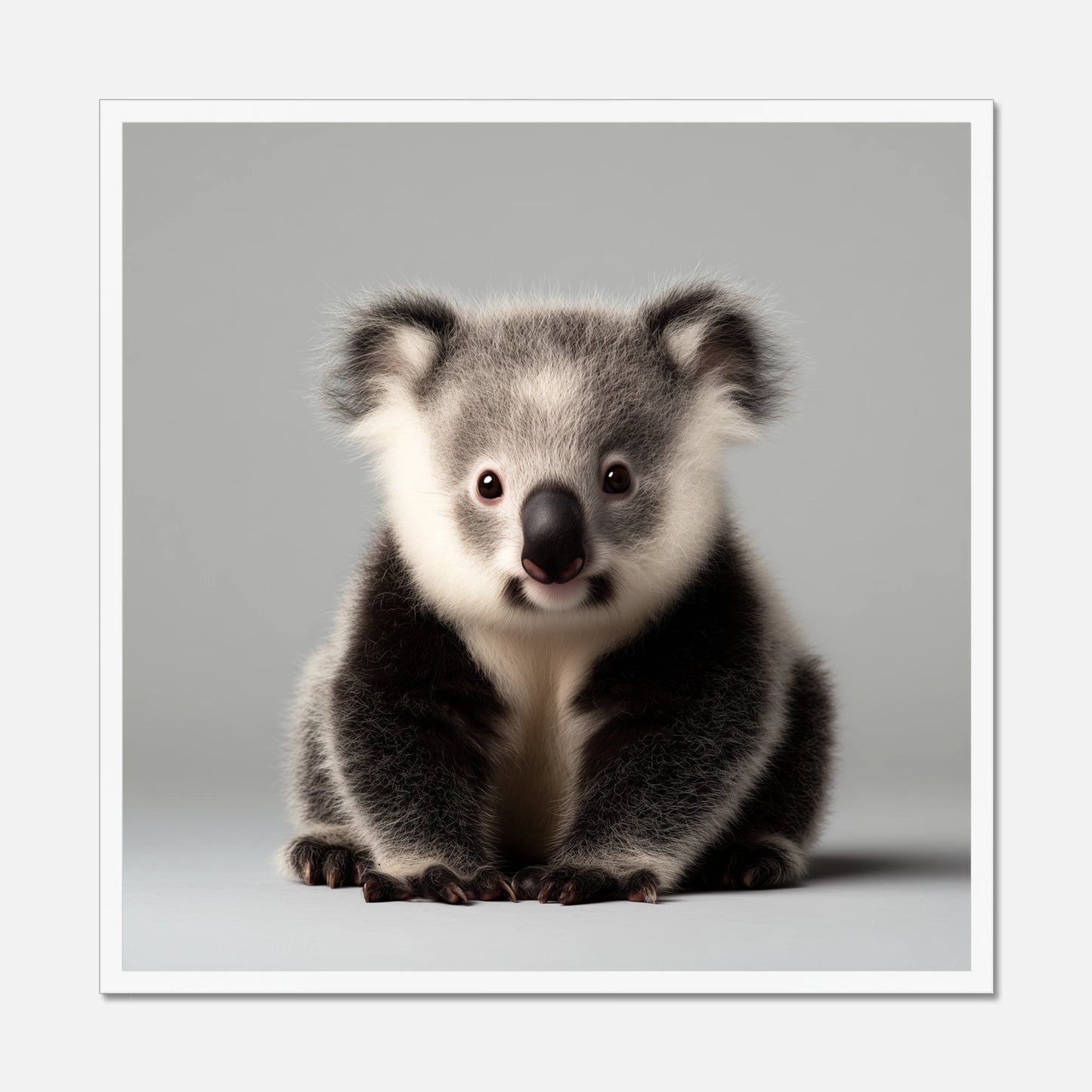 A white framed square art print featuring a close-up portrait of a koala sitting against a light gray background, enclosed in a thin black frame.