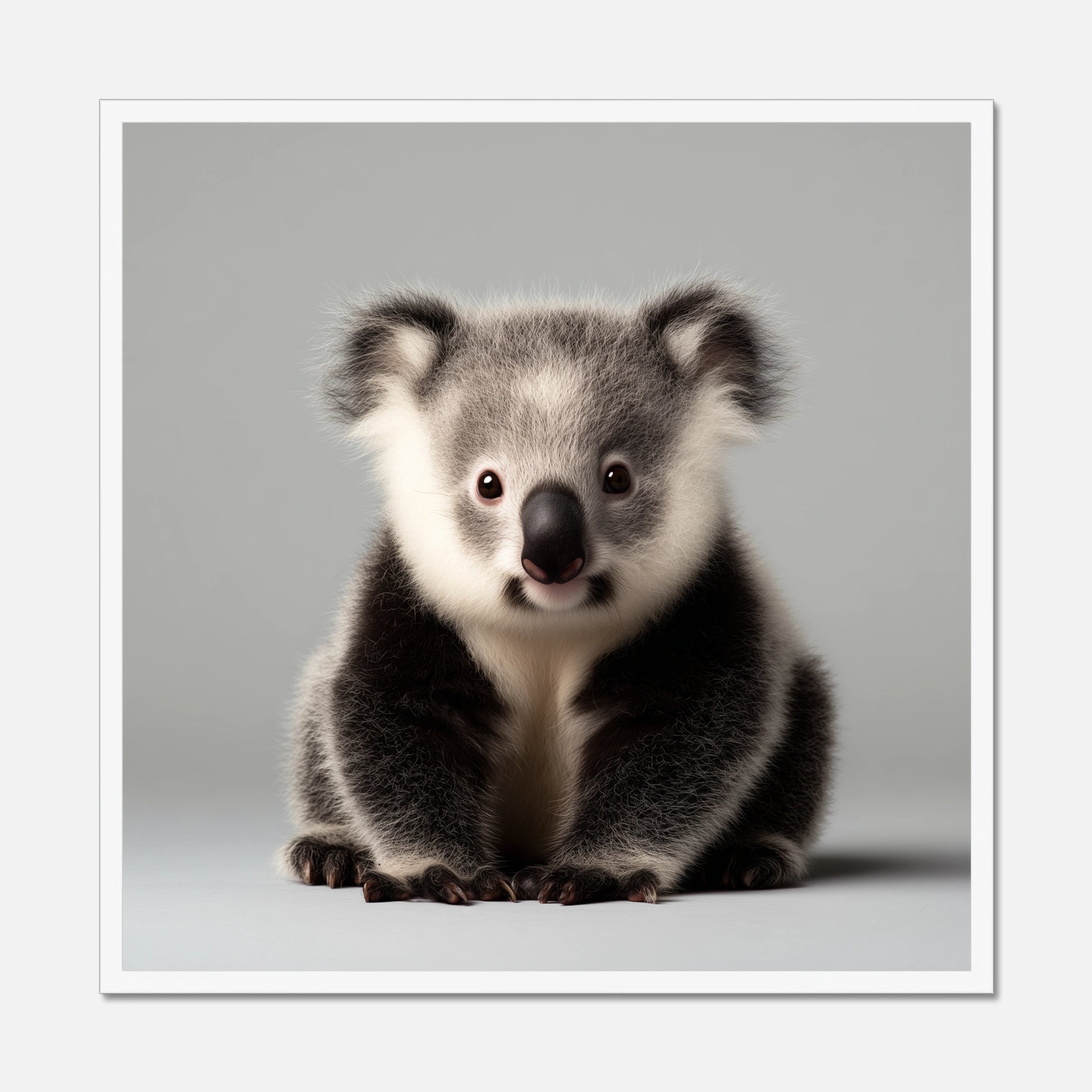 A white framed square art print featuring a close-up portrait of a koala sitting against a light gray background, enclosed in a thin black frame.