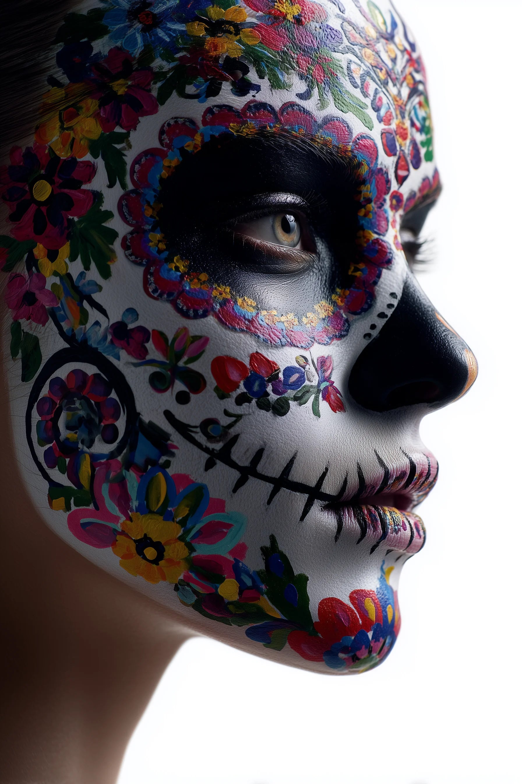 Side on photograph of a women with La Catrina face paint