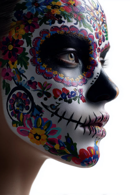 Side on photograph of a women with La Catrina face paint