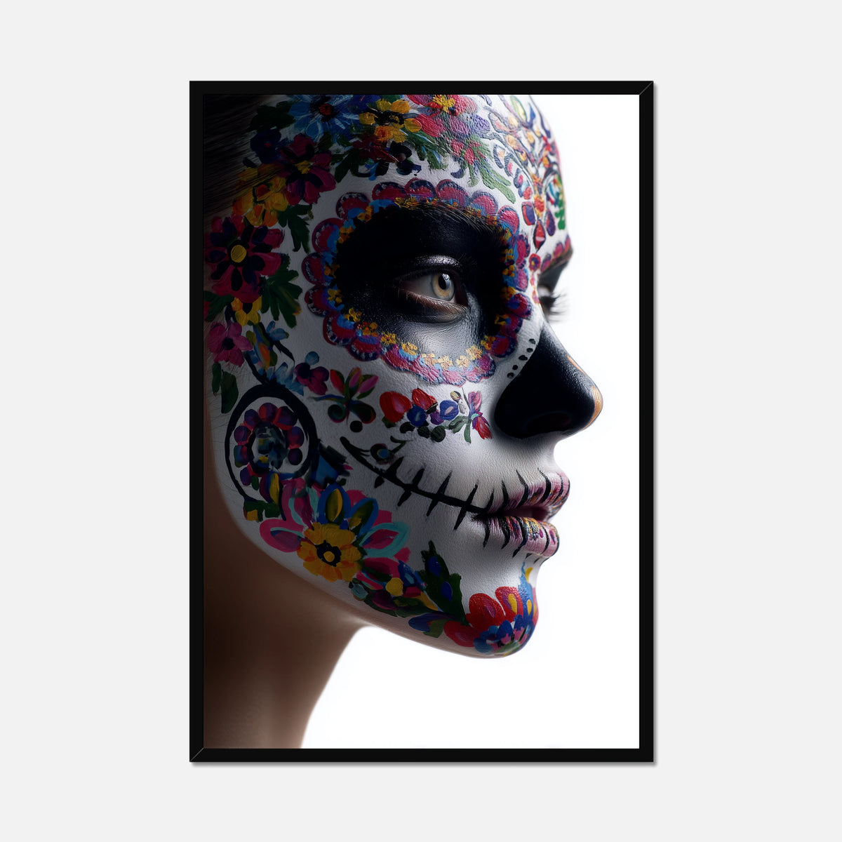 Art print of a person with a colorful sugar skull design on a white background
