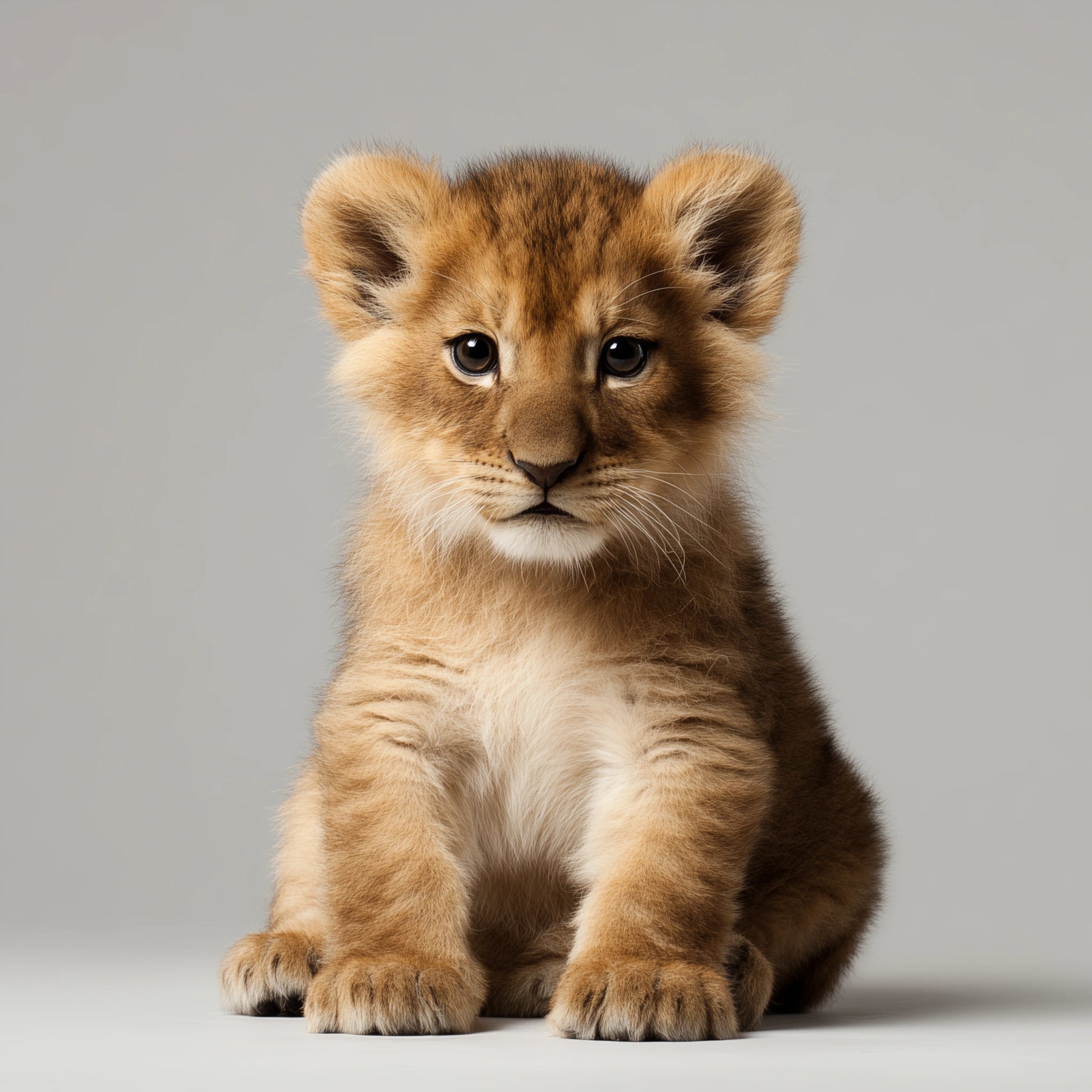 A cute lion cub sitting and looking directly at the camera against a solid gray studio background.