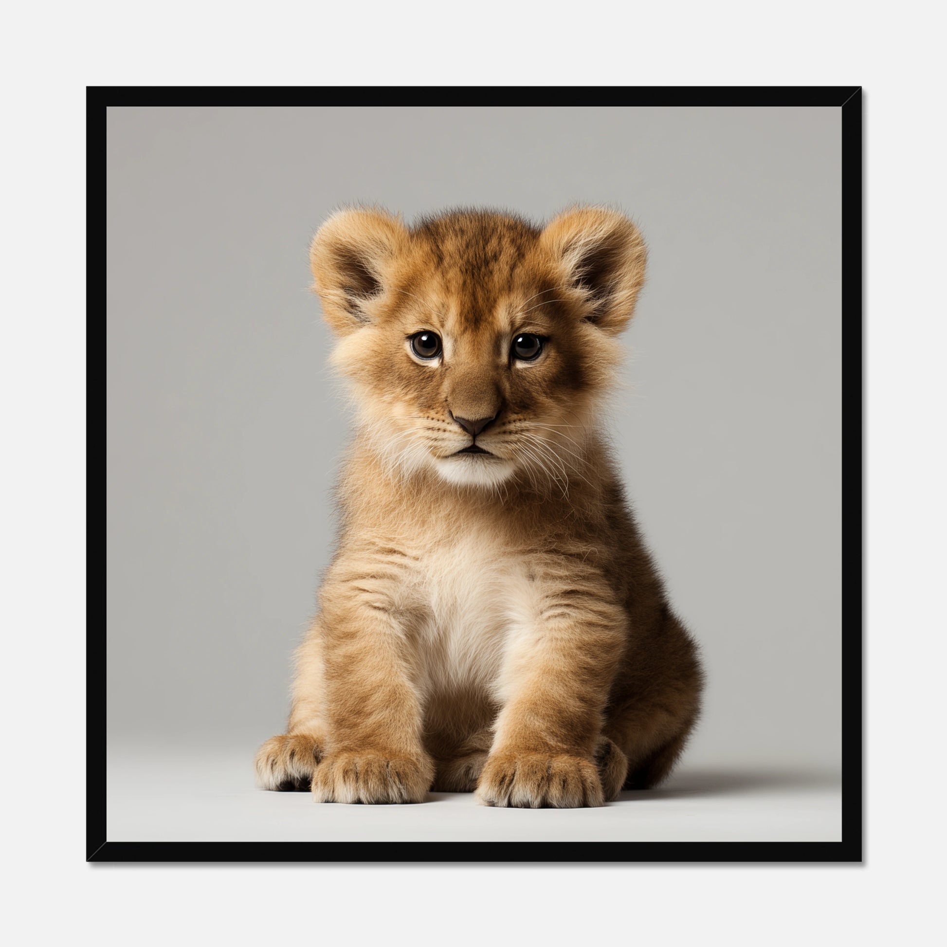 Black framed picture of a lion cub on a gray background