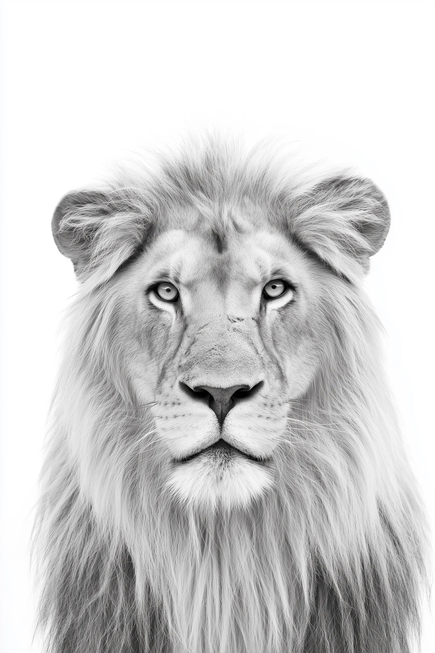 Studio black and white photography of a Lion on a white background