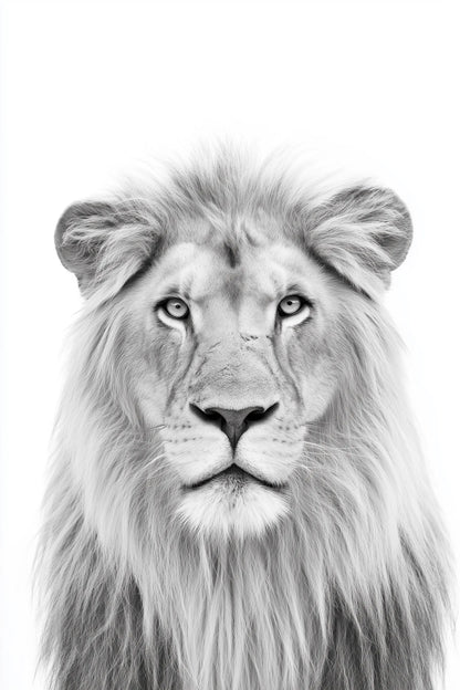 Studio black and white photography of a Lion on a white background