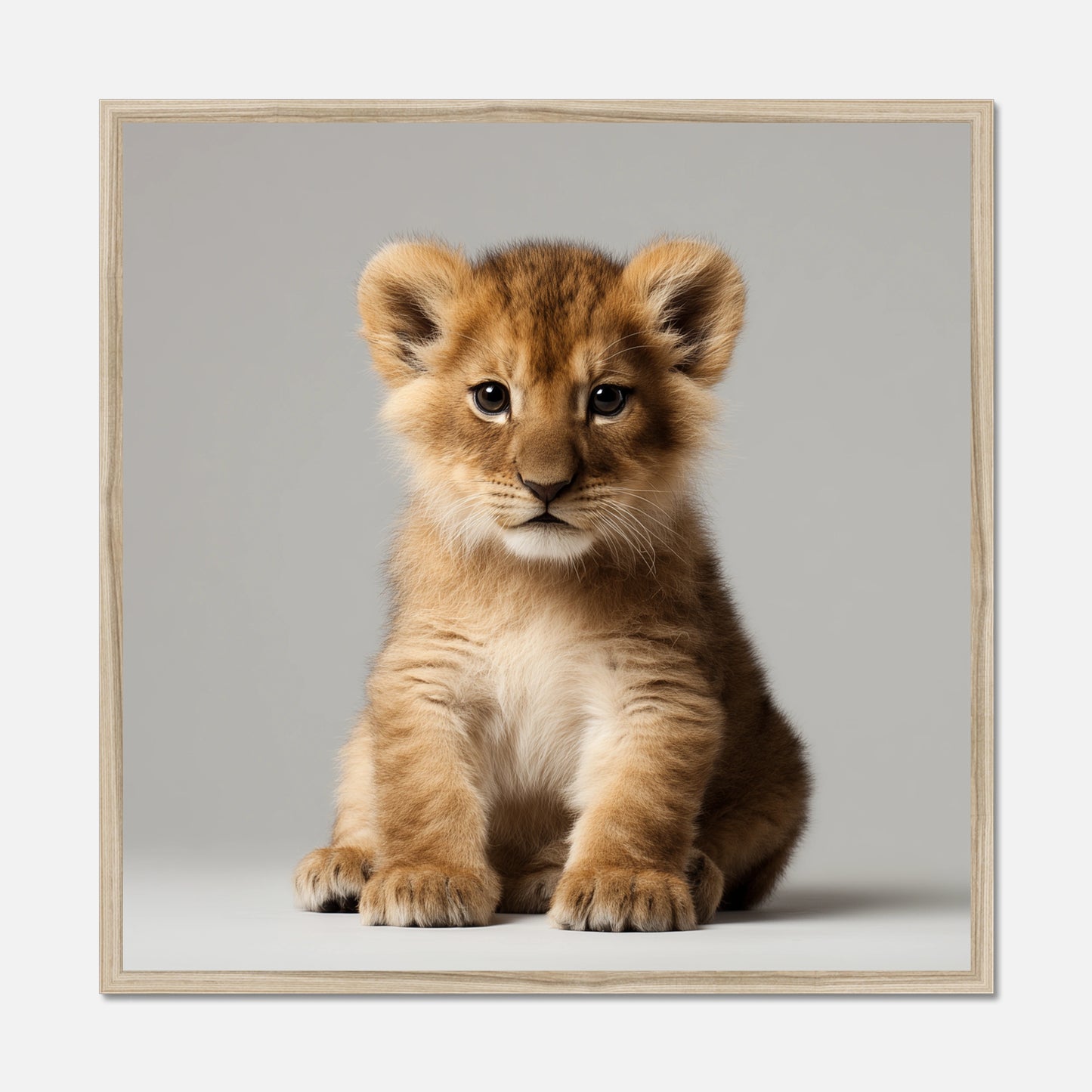Natural oak framed picture of a lion cub on a gray background