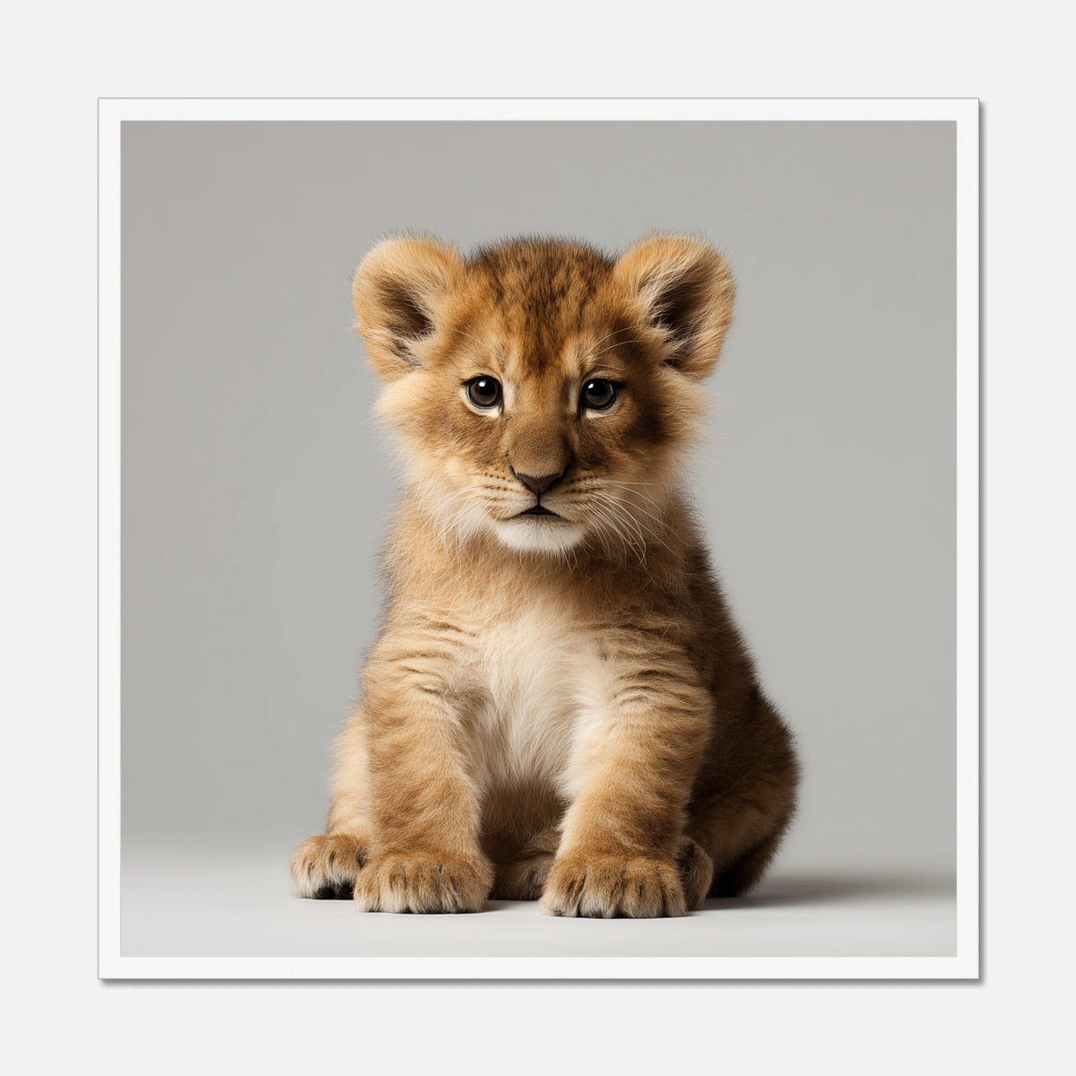 White framed picture of a lion cub on a gray background