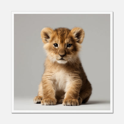 White framed picture of a lion cub on a gray background