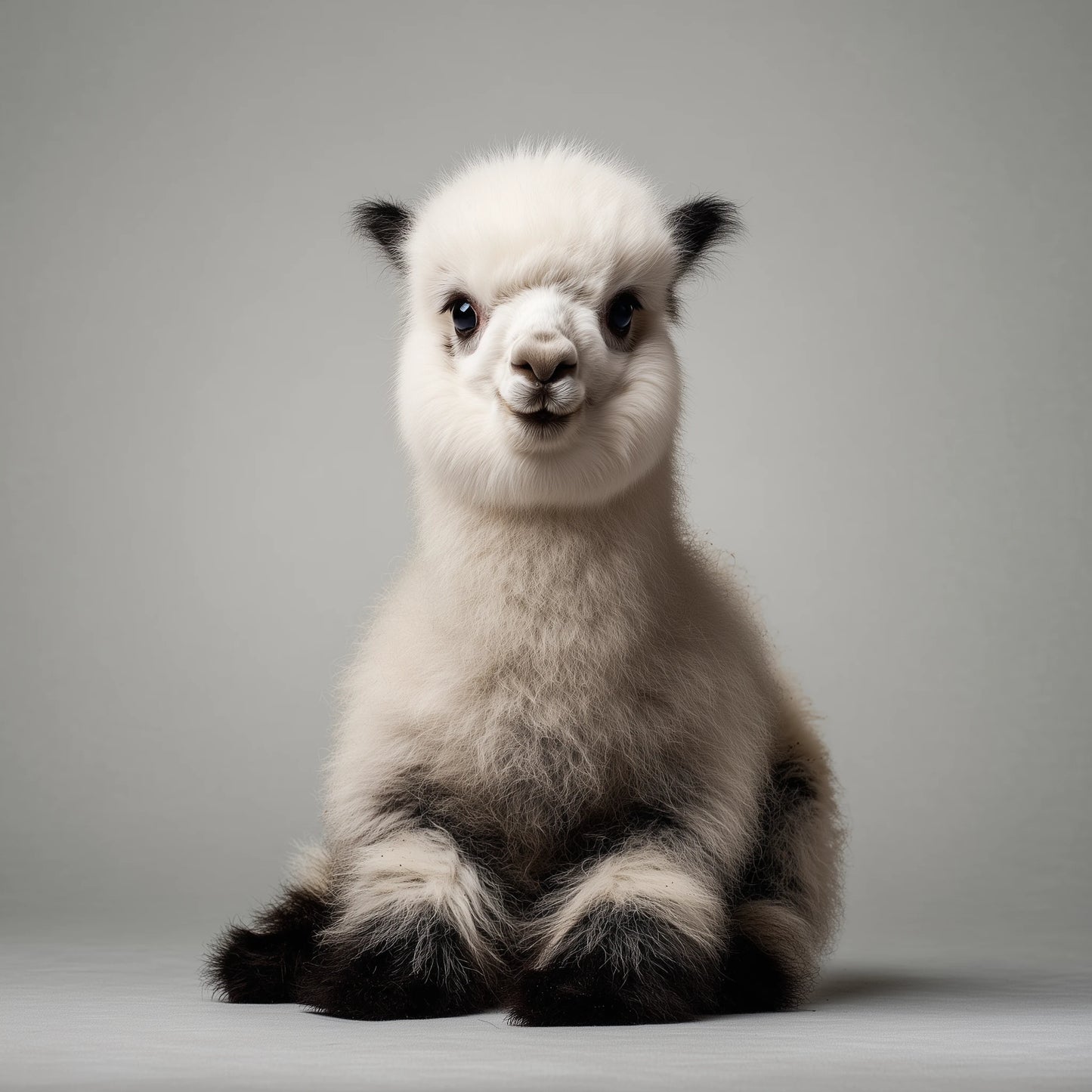 A fluffy alpaca or llama sitting upright against a plain light gray studio background, with a mostly white coat and darker gray to black areas around the ears, eyes, and lower body.