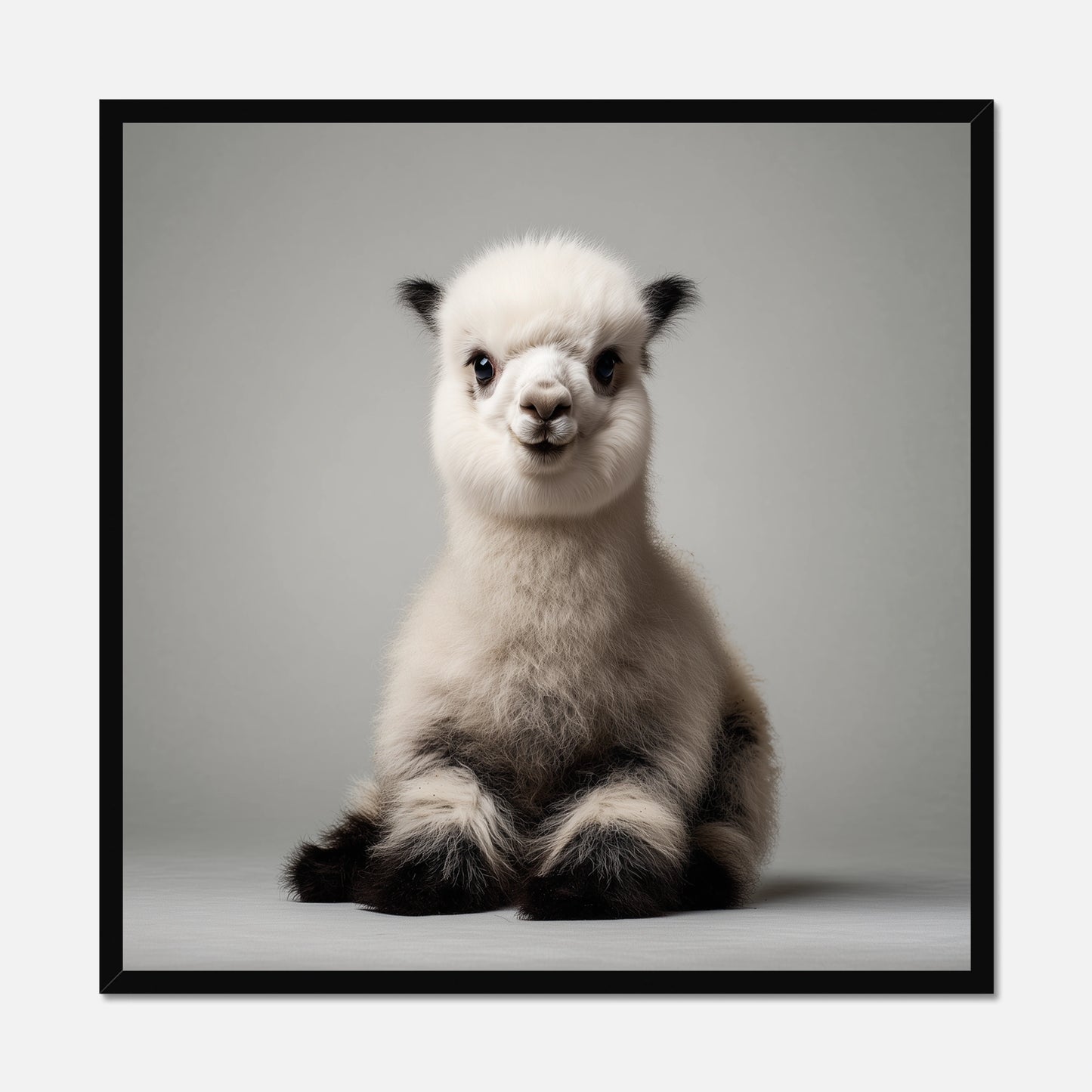 A black framed square art print featuring a fluffy white alpaca or llama sitting against a light gray studio background.