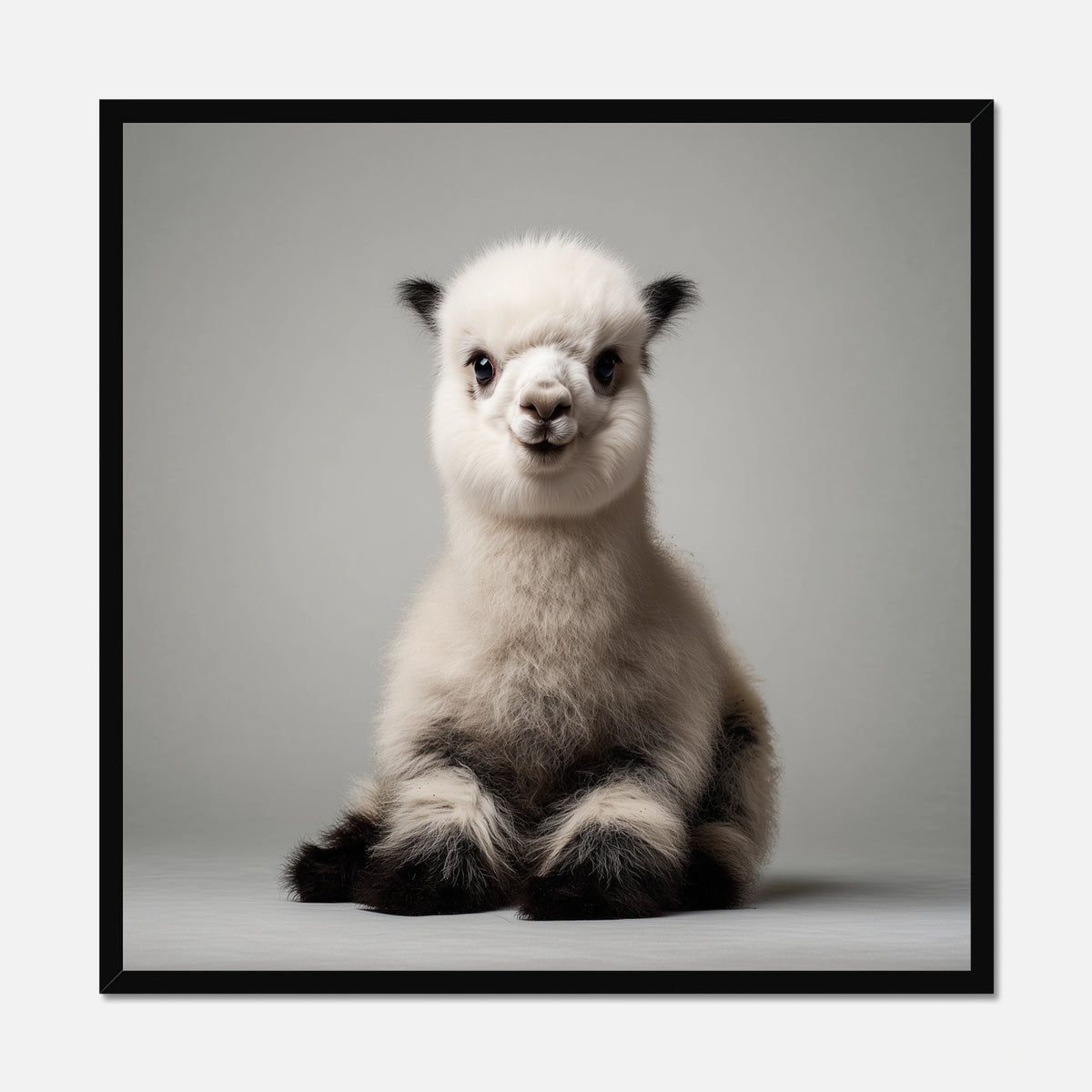 A black framed square art print featuring a fluffy white alpaca or llama sitting against a light gray studio background.