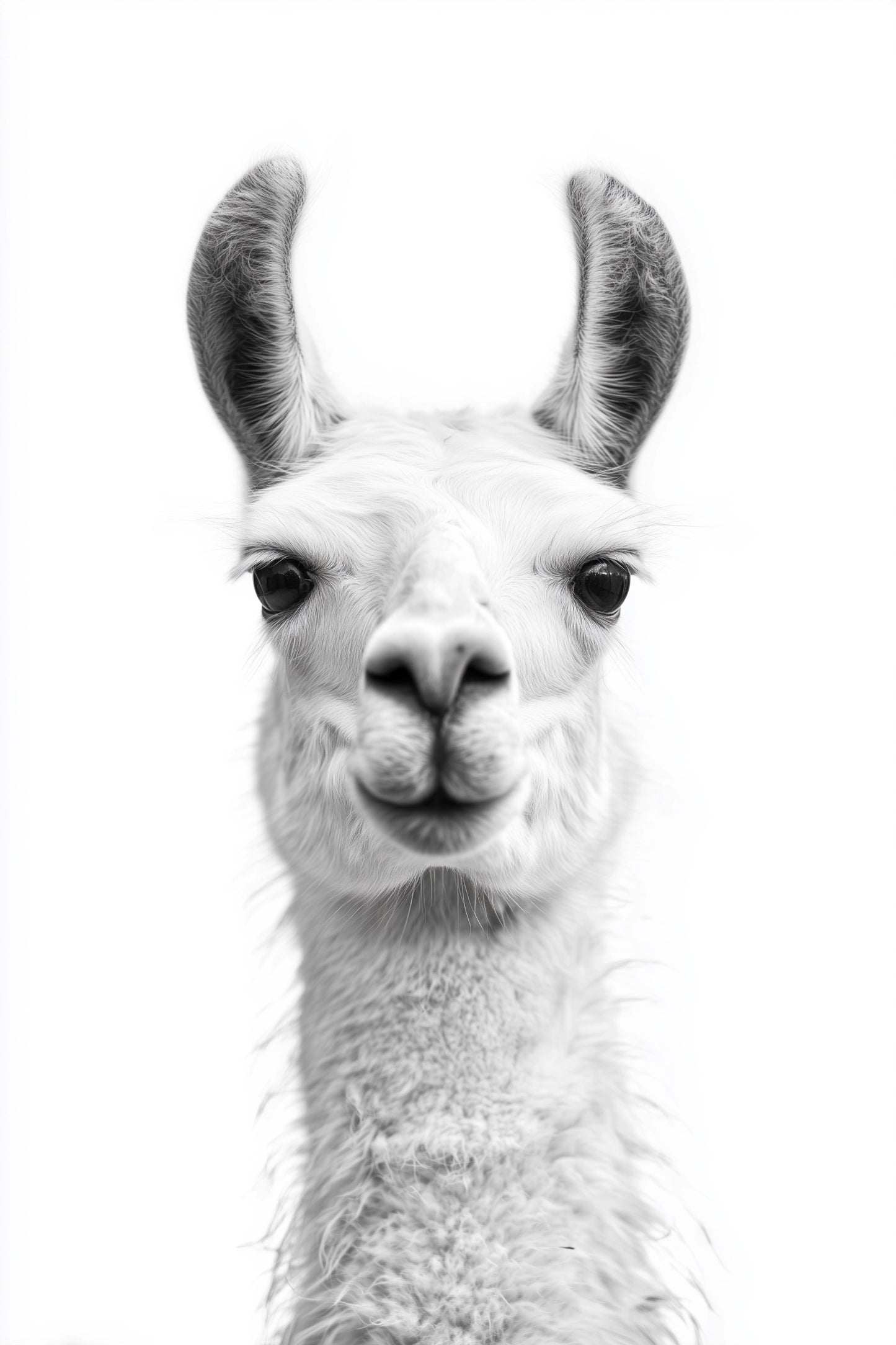 Studio black and white photography of a Llama on a plain white background
