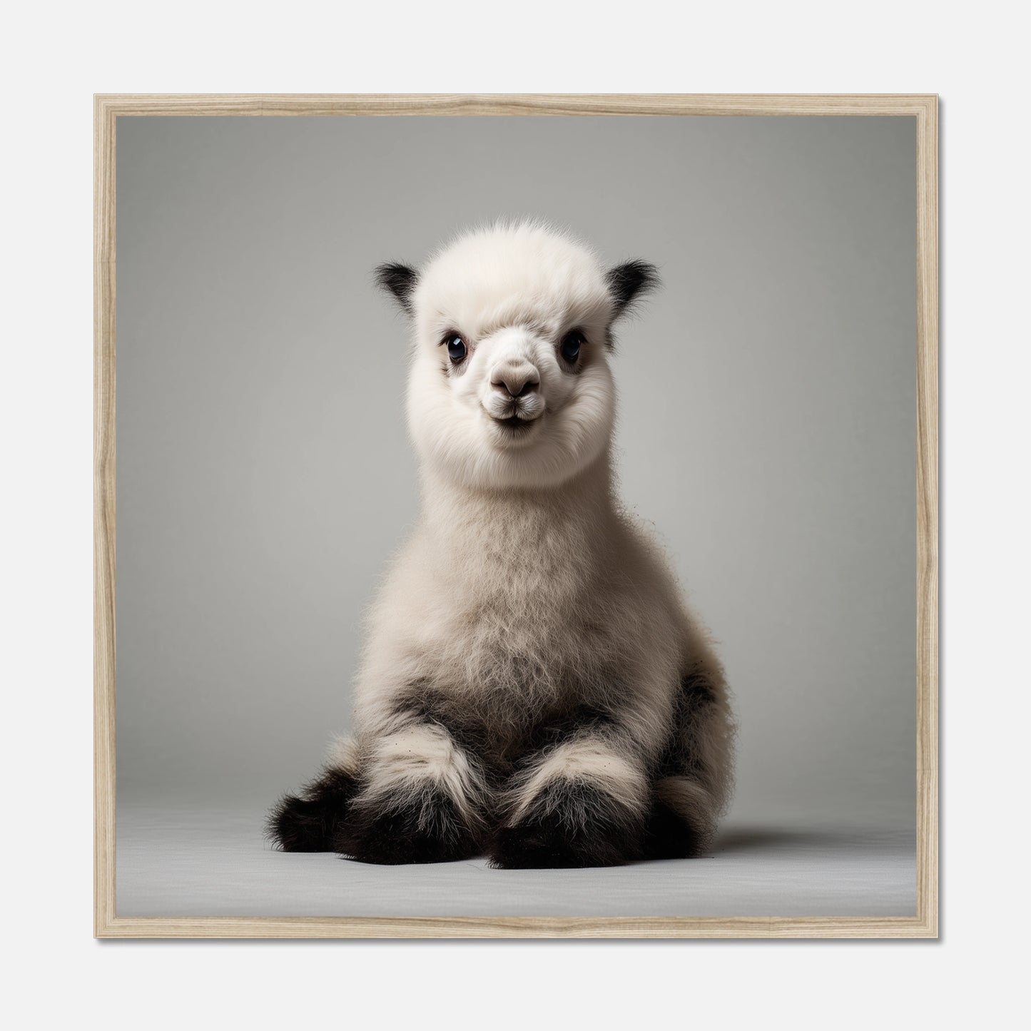 A natural oak framed square art print featuring a fluffy white alpaca or llama sitting against a light gray studio background.