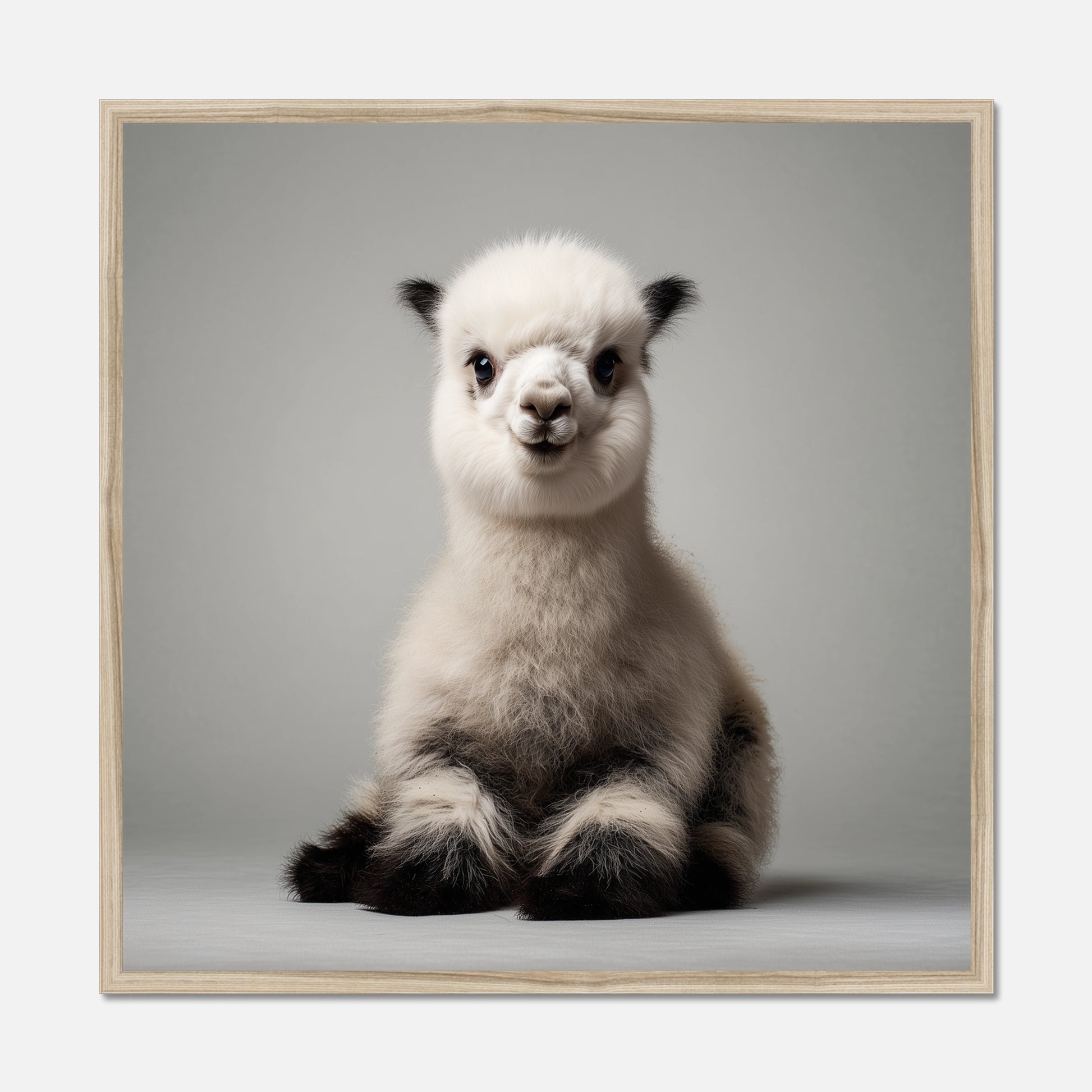 A natural oak framed square art print featuring a fluffy white alpaca or llama sitting against a light gray studio background.